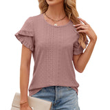 2024 New Round Collar Solid Color Petals Short-Sleeved Casual T-Shirt-Outfit