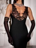 Patchwork Lace Sheer Camisole Midi Dress-Outfit