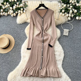 Fongt Small-Sized Famous Woman Hit The Color V-Neck Long Sleeve Single Buckle Waist Knitted Dress Women With Fish Tail