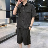 Men's Set Korean Casual Striped Short Sleeve Shirts Knee-length Elastic Shorts Chest