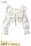 Pleated Lantern Long Sleeve Shirt For Women's 2023 Spring And Autumn New Vintage White Square Collar Blouse Tops