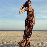 Sexy Long Dress Women Backless Lace Up Beach Party Dresses Summer Resort Style Fireworks Print Elegant Maxi Dress