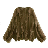 Fongt New Women's Fashion Cascade Decoration Fashion Chiffon V-Neck Long-Sleeved Shirt