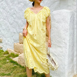 Fongt New Holiday Dress Women's Short-Sleeved Seaside Beach Dress European Women's Loose Mid-Long Dress