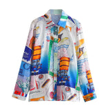 Fongt New Women's Shirt Positioning Print Lap Collar Single Row Buckle Long-Sleeved Shirt Broad Leg Leisure High-Rise Trousers Set