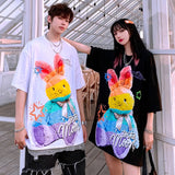 Cute Rainbow Rabbit Graffiti T Shirts Men Women Oversized Short Sleeve Casual Tops Harajuku Street Kawaii Graphic Tee-Outfit