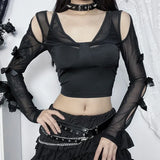 Spring 2024 New Individualized Net Yarn Truncated Bow Tie Hot Girl Blouse Women's Dress-Outfit