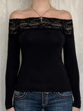 Lace Splice Off Shoulder Long Sleeve Tee-Outfit