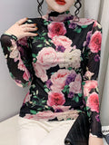 Winter High Neck Fashion Printed Thick Mesh Long Sleeve T-shirt Women Slim Trendy T Shirts Fashion Floral Top For Female-Outfit
