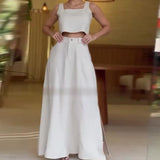 Fongt 2024 New Square Collar Short Sleeveless Sling High-Waisted Skirt Casual Suit-Outfit