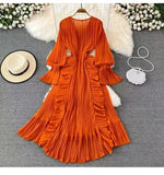 Fongt Fairy Seaside Holiday Chiffon Dress Female Lotus Lace V Collar Temperament Folded Waist Thin Swing Dress