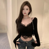 Stitching Slim Sexy V Neck Long Sleeves T Shirt Women's T Shirt Exposie Navel Solid Colour Korean Version-Outfit