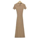 Fashion Women's Wear Pure Style Lapel Short-Sleeved Fishtail Dress Skirt Waist Slim Hip Knit Long Skirt-Outfit