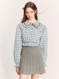 Plaids Peter Pan Collar Patchwork Sweet Shirt Blouse Women Loose All-match Fashion Gentle Femme