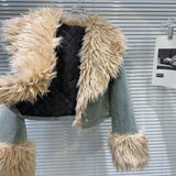 Denim Faux Fur Plush Sleeve Collar Jacket-Outfit