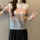 Fongt Gradient Striped T-Shirt Women's Summer New Oceanic Ice Silk Sleeve