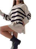 Fongt Autumn And Winter Women's Clothing Jacket Loose Round Collar Bump Color Knitted Striped Sweater Woman