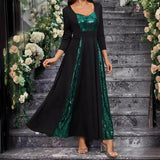 Fongt Solid-Colored Small V-Necked Brightlied Elegant Long-Sleeved A-Character Ladies