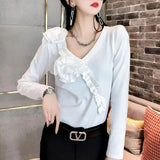 Slim Stylish Folds Spliced T-shirt 2023 Spring Autumn Female Elegant V-Neck Floral Three-dimensional Decoration Pullovers-Outfit