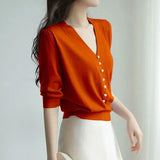 Fashion V-Neck Solid Color Knitted T-shirt Summer Women's Clothing 2023 Casual All-match Button Spliced Half Sleeve Tops-Outfit