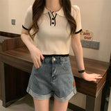 Spring New College Style Short Style Blouse POLO Collar Looks Thin And Cool With Age-Outfit
