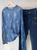 Fongt Shot Giant Beautiful Denim Blue Mesh Undershirt Women's Cuff Button Slit Thin Long-Sleeved T-Shirt Top Ins-Outfit