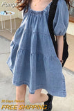 Girly Style Retro Square Collar Puff Sleeve Denim Skirt All-Matching Youthful-Looking Dress Women's Summer Denim