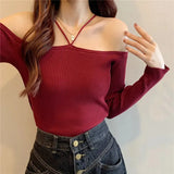 Girls Hanging Cross Hanfeng Ins Heart Temperament Words Collared Shoulder-To-Shoulder Knitting Thin Blouse White