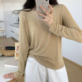 Mask T-Shirt Women's Spring And Autumn New Style With White Basic Solid Color Slim Stretch Bottom Blouse-Outfit