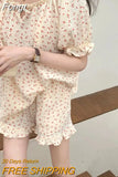 Print Summer Pajamas Set Women Shirts Tops + Shorts Set Two Piece Ruffles Sweet Home Suit Home Clothes