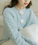 Blue Knitted Rose Buttoned Cardigan-Outfit