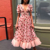 Sweet Pink Mesh Long Strawberry Dress Korean Fashion V-neck Embroidery Sequins Tunic Party Dress Holiday Midi Dresses-Outfit