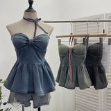 Real Shot With Chest Cushion Denim Sling Vest With Bow Hanging Neck Short Twiping Boat Blouse Woman
