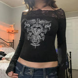 Fongt Dark Personality Print Long-Sleeved T-Shirt With Thin Lace With An Off-The-Shoulder Hottie Top-Outfit