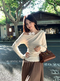 Fongt Xixi 2025 Autumn New White Tidaught Flower Oblique Shoulder Knit Shirt Long-Sleeved Top Sweater Women 89499