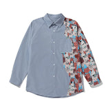 Mens Design Shirts Raglan Sleeves Long Floral Patchwork Pocket Unisex Blouse Black Blue Oversized Streetwear