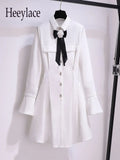 Spring Fashion Long Sleeve Elegant White Bow Collar Midi Dress For Women French Vintage OL Single Breasted Suits Femme