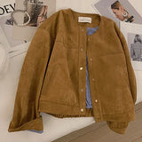 Suede Cropped Jacket Women Harajuku Casual Bomber Coat Streetwear Korean Camel Single Breasted Loose Outerwear Tops New-Outfit