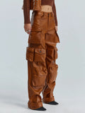 Fongt Cargo Pants Fall 2024 New Personality Splicing Loose PU Leather Pants Casual Wide-Leg Pants Women-Outfit