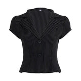 Fongt Hottie Wind Depth V Collar Striped Shirt Two Buckle Cardigan Waist Type Short-Sleeved Commuting Base Suit