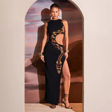 Women's 2024 Summer New Sexy Slim Slit Long Skirt Hollow Dress Sexy Party Dress Club Clothing-Outfit