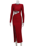 Red Solid Slit Long Sleeve Midi Dress-Outfit