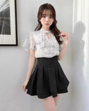 Lolita Black Skirts Women Spring Autumn New Radian Waistline Slim Short Pleated Female Mini Culottes-Outfit