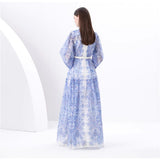 Fongt Early Spring Holiday Wind Collar Lantern Sleeve Print Single Buckle Waist Dress Female Pressure Fold Elegant Long Dress