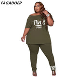 Size Casual Sport 2 Piece Set XL-4XL 5XL PINK Letter Print Women's Set Summer Loose Top+Lounge Pants Suit Tracksuit