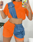 2023 Women's New Imitation Jeans Splicing Short Casual Suit Suit-Outfit