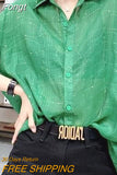 Loose Solid Color Diamonds Spliced Blouse 2023 Summer Thin Korean All-match Half Sleeve Button Shirt Women's