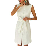 / HDZ0232 New White Three-Texture Sleeveless Slim Commuter Skirt-With A Belt-Outfit