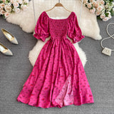 Summer New French Soft Style Sweet American Collar Bubble Short Sleeves Waist Show Thin Forked A-Shaped Dress-Outfit