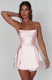 Fongt Summer New Sexy Slimming Bare Back Solid Color Sling Dress Short